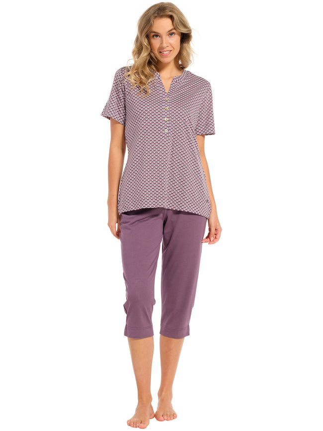25241-315-4 Pastunette de Luxe dames pyjama met capribroek en diepe knoopsluiting