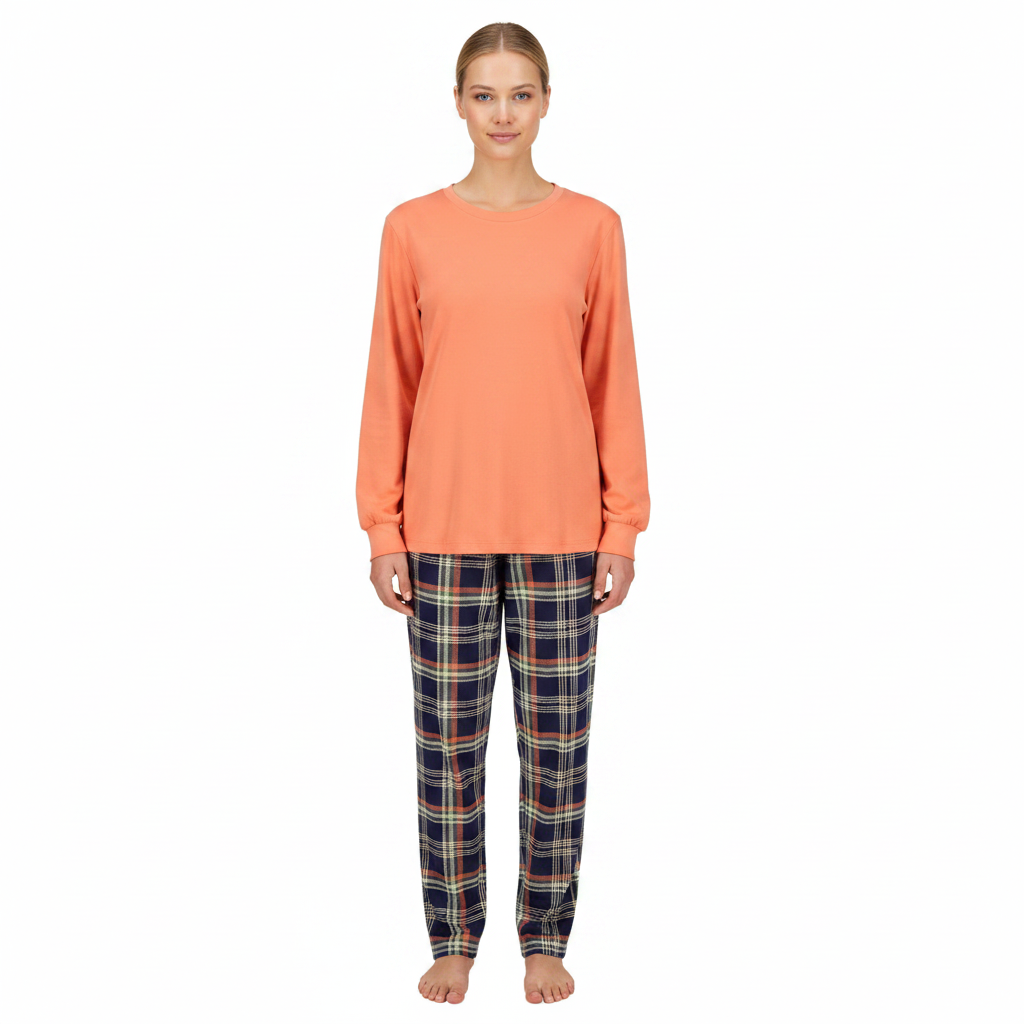 Ringella Winter Colours – Damespyjama met Geruite Broek en Gebreide Boorden