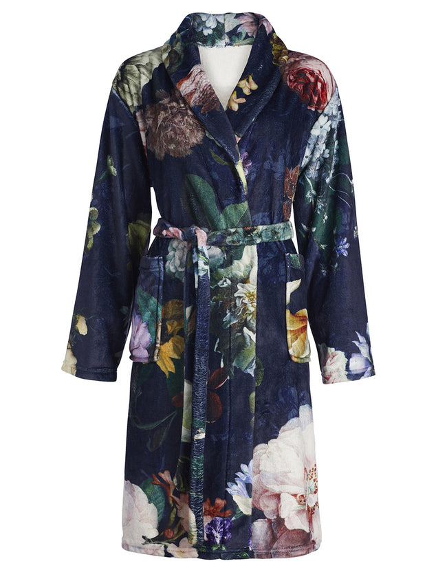 Essenza Fleur fleece gebloemde badjas met sjaalkraag donkerblauw