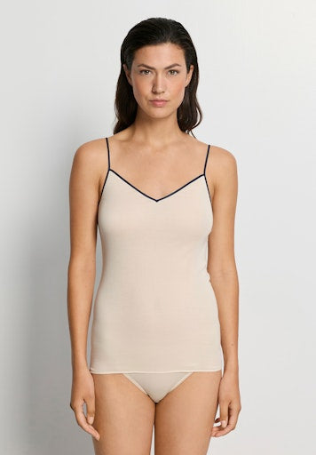 Hanro Cotton Seamless spaghettitop in sand & navy