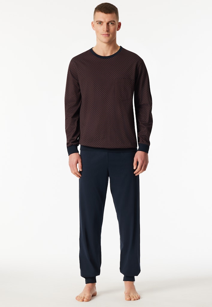 Schiesser Comfort Essentials lange herenpyjama in kastanjebruin
