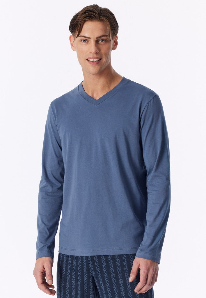 Schiesser Mix+Relax heren shirt lange mouw v-hals in faded denim